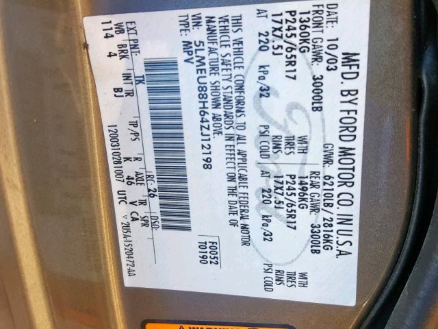 5LMEU88H64ZJ12198 - 2004 LINCOLN AVIATOR 金色 照片 10