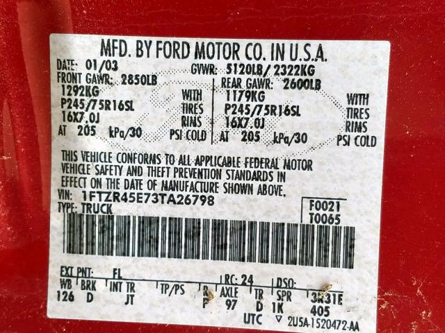 1FTZR45E73TA26798 - 2003 FORD RANGER SUP RED photo 10