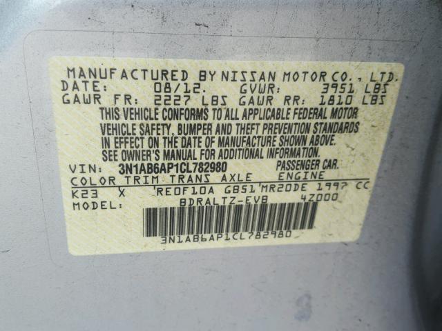 3N1AB6AP1CL782980 - 2012 NISSAN SENTRA 2.0 SILVER photo 10