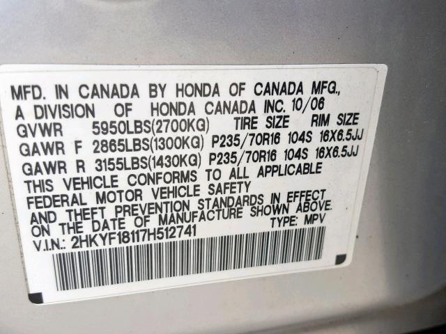 2HKYF18117H512741 - 2007 HONDA PILOT LX SILVER photo 10