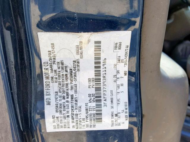 3FAFP37393R111986 - 2003 FORD FOCUS ZX5 BLUE photo 10