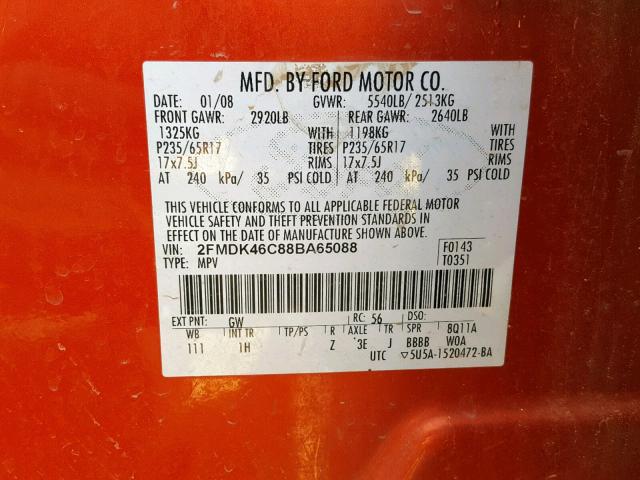 2FMDK46C88BA65088 - 2008 FORD EDGE SE ORANGE photo 10