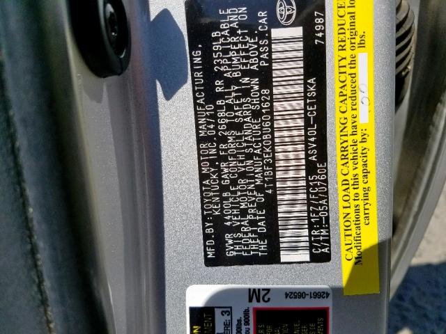 4T1BF3EK0BU601628 - 2011 TOYOTA CAMRY BASE 银色 照片 10