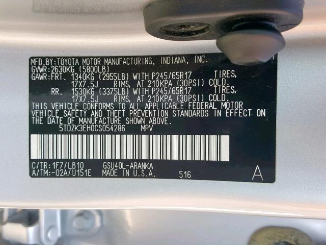 5TDZK3EH0CS054286 - 2012 TOYOTA HIGHLANDER SILVER photo 10