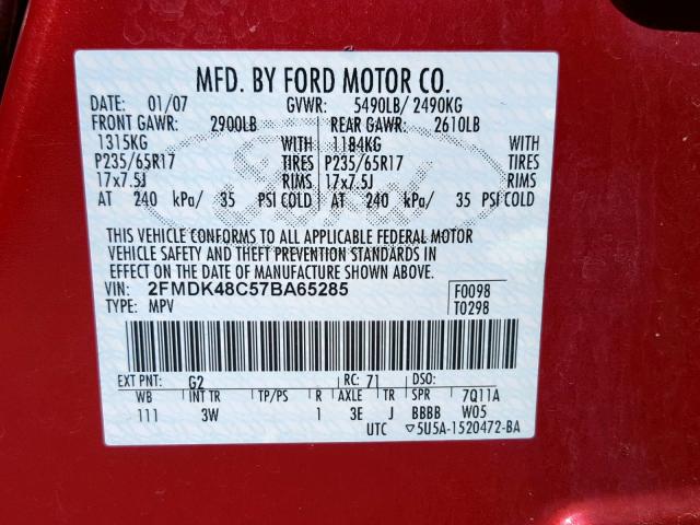 2FMDK48C57BA65285 - 2007 FORD EDGE SEL RED photo 10