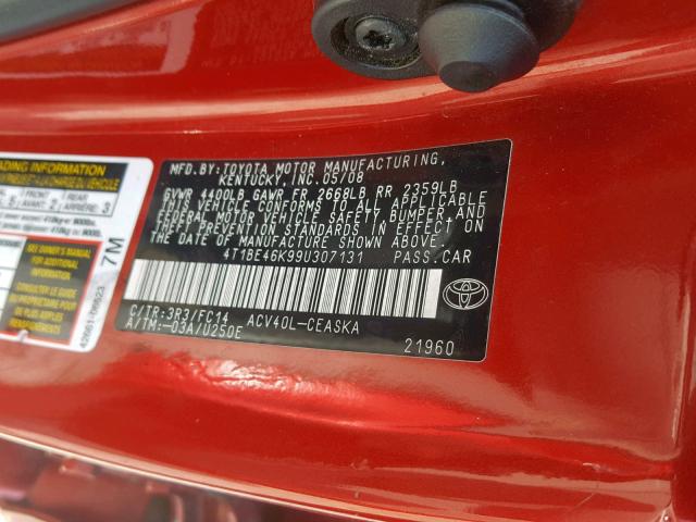 4T1BE46K99U307131 - 2009 TOYOTA CAMRY BASE RED photo 10