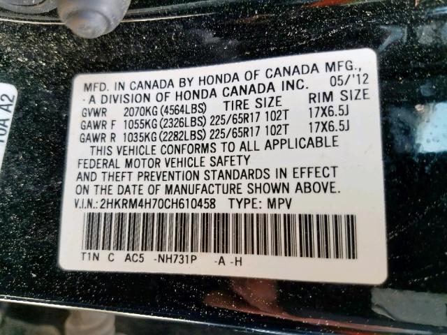 2HKRM4H70CH610458 - 2012 HONDA CR-V EXL BLACK photo 10