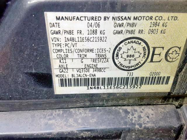 1N4BL11E56C215922 - 2006 NISSAN ALTIMA SE SILVER photo 9