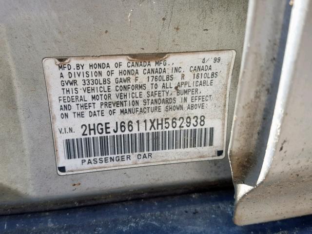 2HGEJ6611XH562938 - 1999 HONDA CIVIC BASE Gümüş foto 10