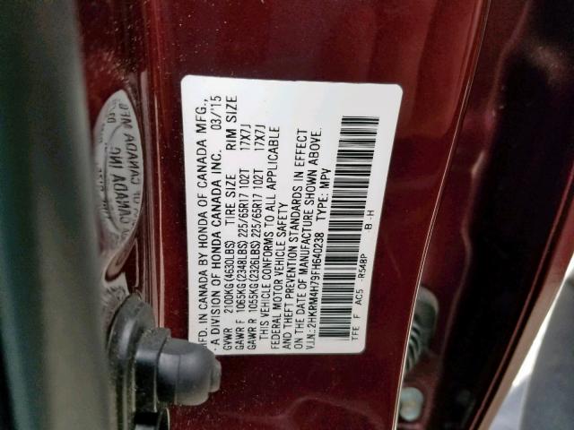 2HKRM4H79FH640238 - 2015 HONDA CR-V EXL RED photo 10