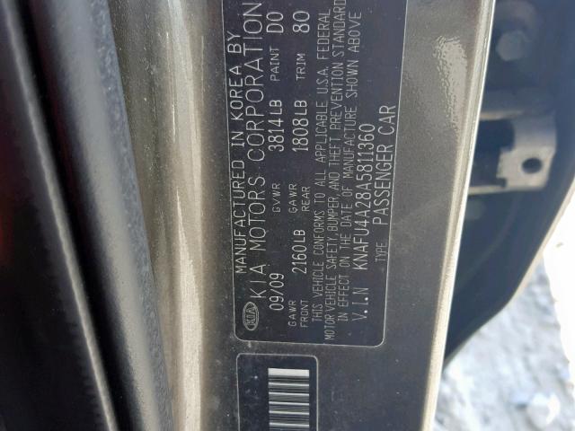 KNAFU4A28A5811360 - 2010 KIA FORTE EX GRAY photo 10