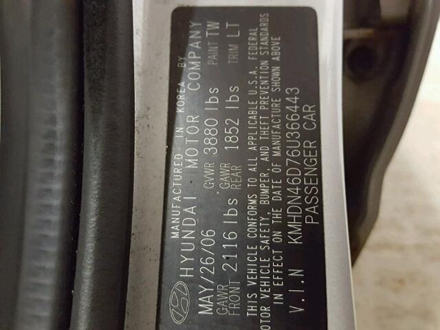 KMHDN46D76U366443 - 2006 HYUNDAI ELANTRA GL SILVER photo 10