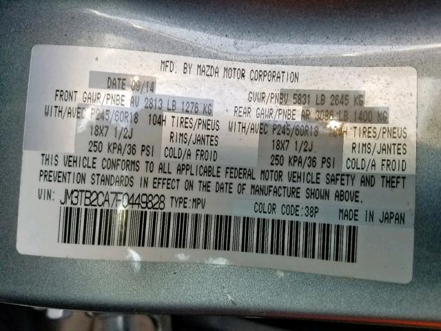 JM3TB2CA7F0449828 - 2015 MAZDA CX-9 TOURI GRAY photo 10