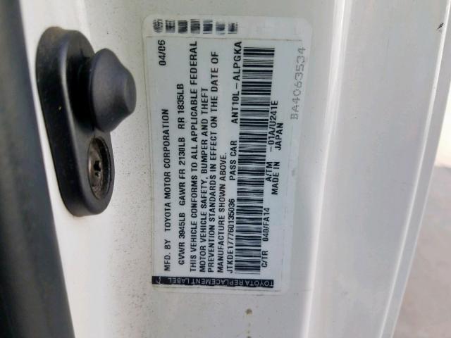 JTKDE177760135036 - 2006 TOYOTA SCION TC თეთრი ფოტო 10