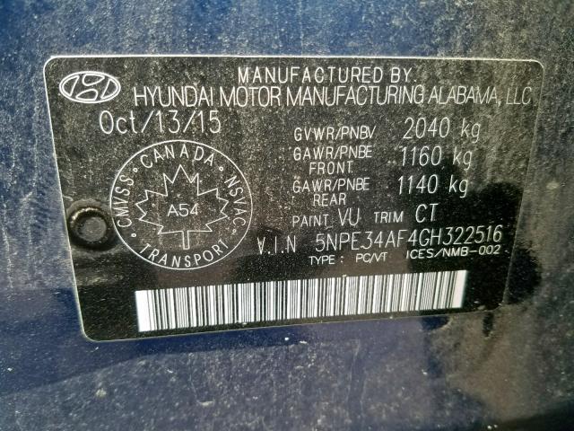 5NPE34AF4GH322516 - 2016 HYUNDAI SONATA SPO BLUE photo 10