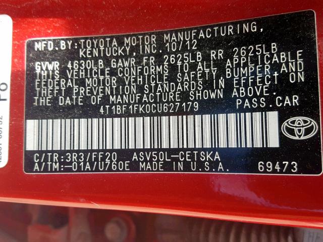 4T1BF1FK0CU627179 - 2012 TOYOTA CAMRY BASE RED photo 10