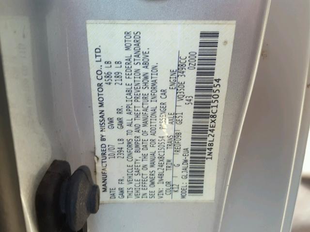 1N4BL24EX8C150554 - 2008 NISSAN ALTIMA 3.5 SILVER photo 10