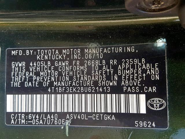 4T1BF3EK2BU621413 - 2011 TOYOTA CAMRY BASE GREEN photo 10