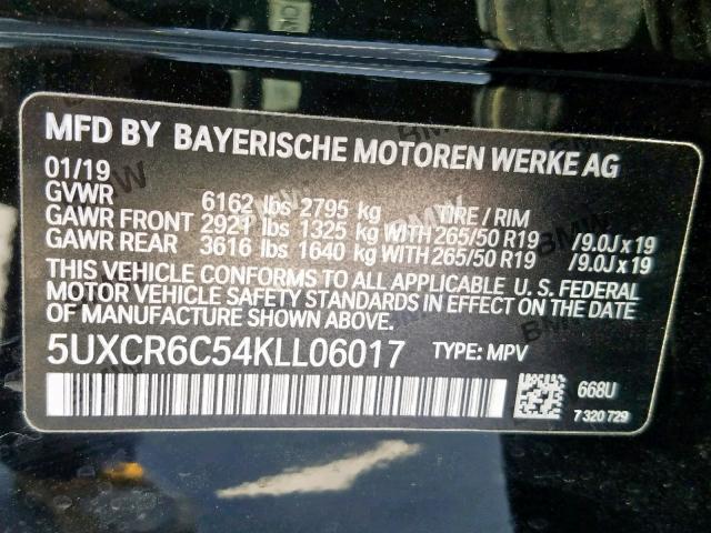 5UXCR6C54KLL06017 - 2019 BMW X5 XDRIVE4 黑色 照片 10