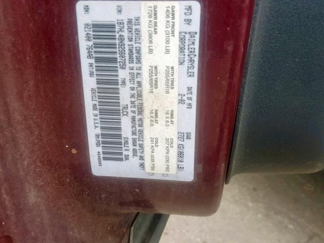 1B7HL48N92S607250 - 2002 DODGE DAKOTA QUA BURGUNDY photo 10