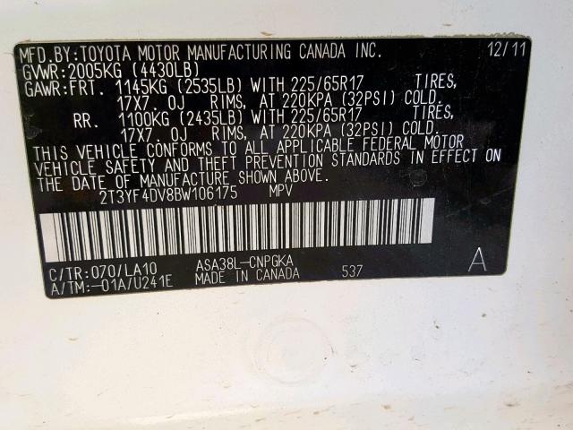 2T3YF4DV8BW106175 - 2011 TOYOTA RAV4 LIMIT WHITE photo 10