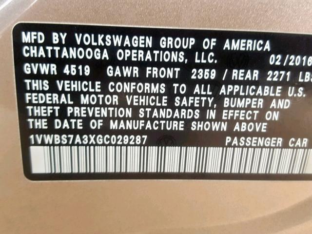 1VWBS7A3XGC029287 - 2016 VOLKSWAGEN PASSAT SE GOLD photo 10