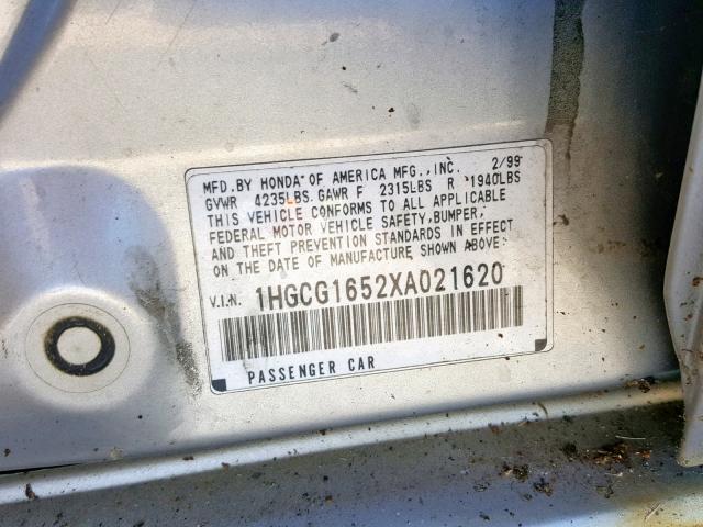 1HGCG1652XA021620 - 1999 HONDA ACCORD GRAY photo 10