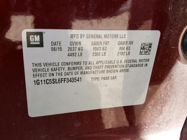 1G11C5SL6FF343541 - 2015 CHEVROLET MALIBU 1LT BURGUNDY photo 10