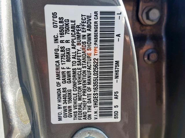 1HGES16355L025622 - 2005 HONDA CIVIC DX V GRAY photo 10