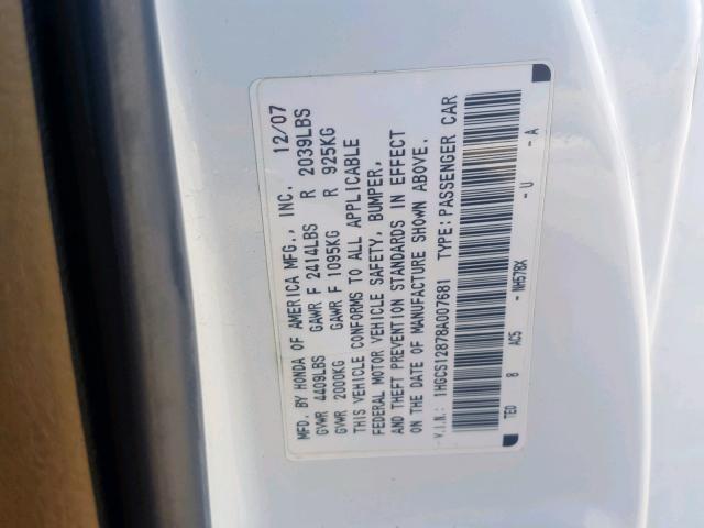 1HGCS12878A007681 - 2008 HONDA ACCORD EXL WHITE photo 10