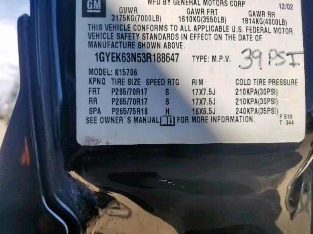 1GYEK63N53R188647 - 2003 CADILLAC ESCALADE L BLACK photo 10