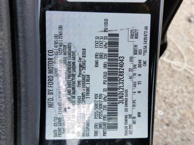 3LNDL2L32CR824043 - 2012 LINCOLN MKZ HYBRID BLACK photo 10