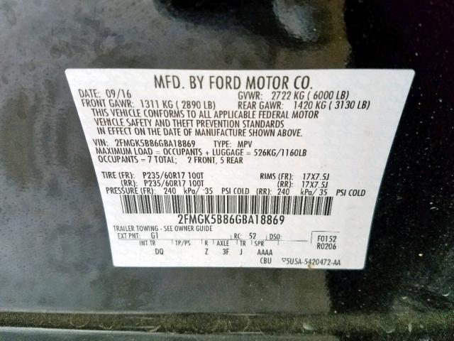 2FMGK5B86GBA18869 - 2016 FORD FLEX SE BLACK photo 10