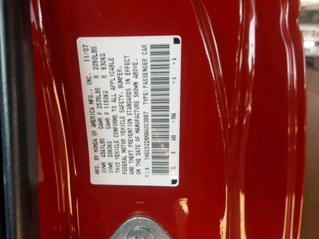 1HGCS228X8A003887 - 2008 HONDA ACCORD EXL RED photo 10