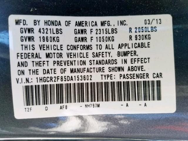 1HGCR2F85DA153602 - 2013 HONDA ACCORD EXL GRAY photo 10