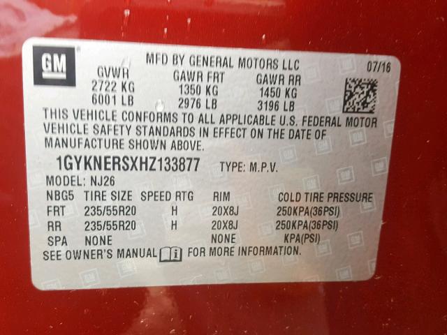 1GYKNERSXHZ133877 - 2017 CADILLAC XT5 PREMIU RED photo 10