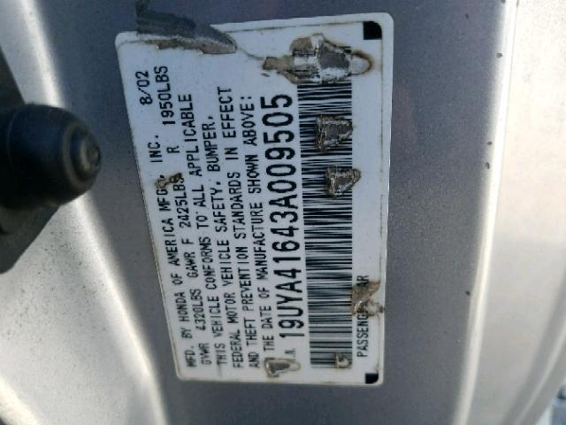 19UYA41643A009505 - 2003 ACURA 3.2CL TYPE SILVER photo 10