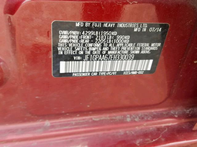 JF1GPAA67EH330039 - 2014 SUBARU IMPREZA RED photo 10