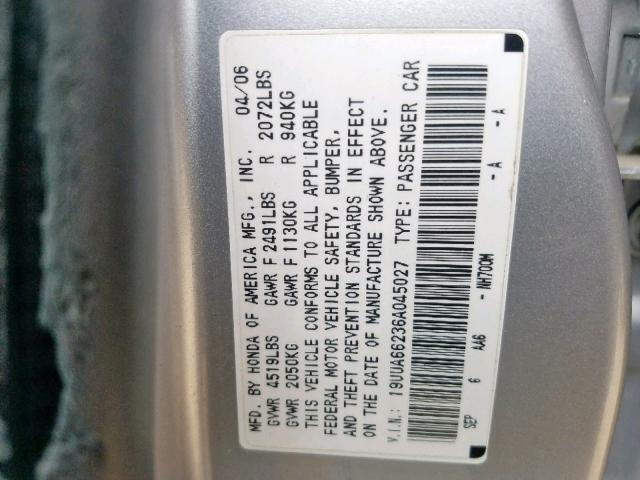 19UUA66236A045027 - 2006 ACURA 3.2TL SILVER photo 10