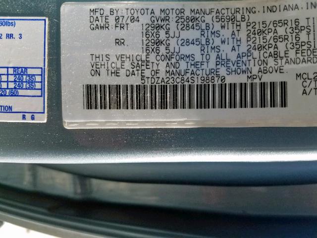 5TDZA23C84S198870 - 2004 TOYOTA SIENNA LE BLUE photo 10