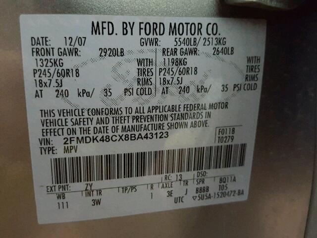 2FMDK48CX8BA43123 - 2008 FORD EDGE SEL SILVER photo 10