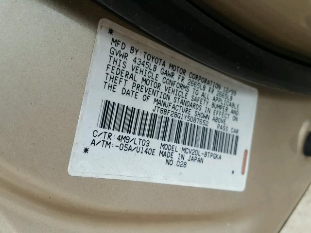 JT8BF28G1Y5087652 - 2000 LEXUS ES 300 TAN photo 10