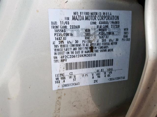 4F2CZ06124KM30318 - 2004 MAZDA TRIBUTE ES 棕色 照片 10