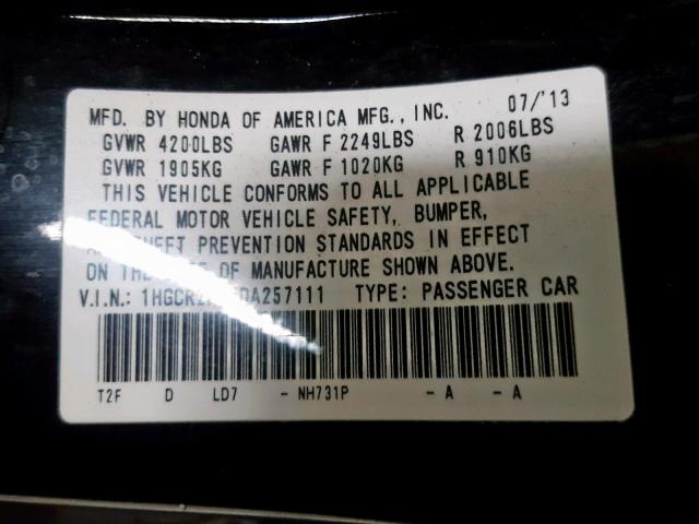 1HGCR2F37DA257111 - 2013 HONDA ACCORD LX BLACK photo 10