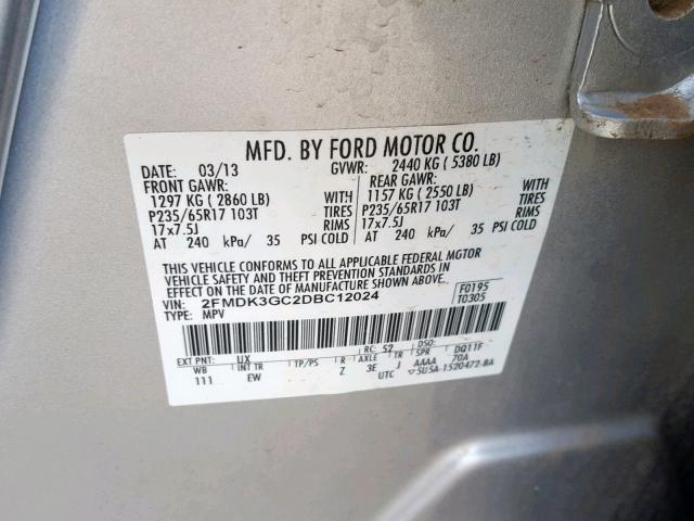 2FMDK3GC2DBC12024 - 2013 FORD EDGE SE SILVER photo 10