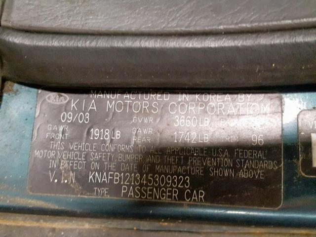 KNAFB121345309323 - 2004 KIA SPECTRA BA BLUE photo 10