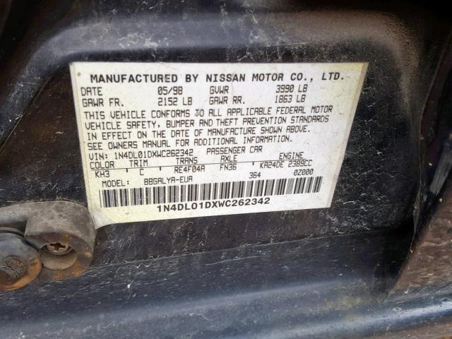 1N4DL01DXWC262342 - 1998 NISSAN ALTIMA XE BLACK photo 10