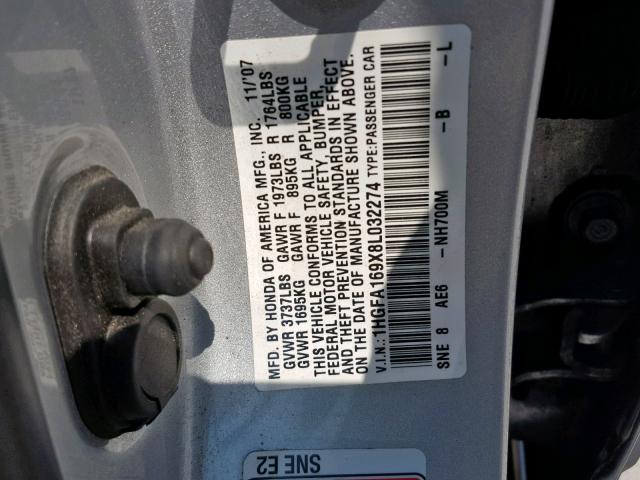 1HGFA169X8L032274 - 2008 HONDA CIVIC EXL 银色 照片 10