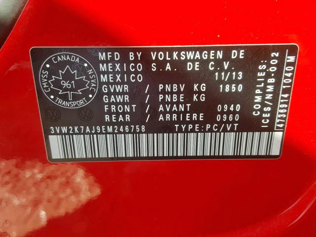 3VW2K7AJ9EM246758 - 2014 VOLKSWAGEN JETTA BASE RED photo 10