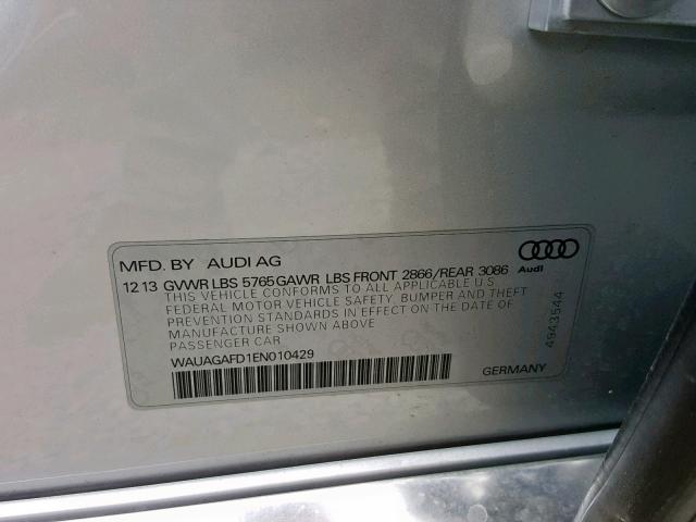 WAUAGAFD1EN010429 - 2014 AUDI A8 QUATTRO SILVER photo 10